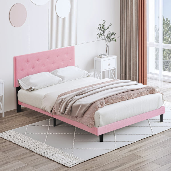 English Elm Full Full Size Upholstered Platform Bed Frame Pink Linen Headboard, Button Tufted, No Box Spring Needed, 500LB Weight Limit, Easy Assembly W311P198070