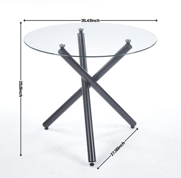 English Elm Round Tempered Glass Dining Table with Black Metal Base for Modern Compact Spaces W234P270452
