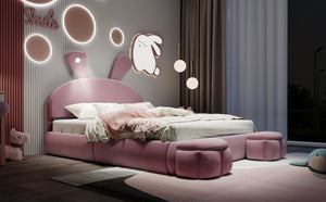 English Elm Full Full Size Upholstered Platform Bed with Cute Cartoon Ear Headboard, LED Light, Pink Velvet Cozy Retreat N709P195300H