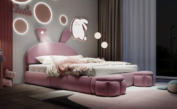 English Elm Full Full Size Upholstered Platform Bed with Cute Cartoon Ear Headboard, LED Light, Pink Velvet Cozy Retreat N709P195300H