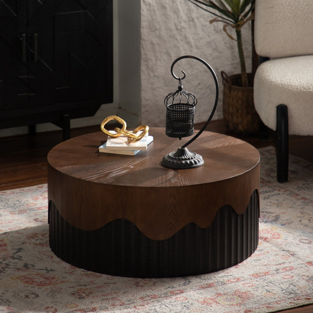English Elm 30.31" Round Coffee Table Solid Wood & MDF Handcrafted Bark Veneer Top Sturdy Pedestal No Assembly, Black Walnut Finish Elegance for Living Room W3081P357841