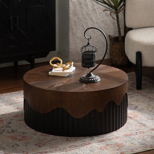 English Elm 30.31" Round Coffee Table Solid Wood & MDF Handcrafted Bark Veneer Top Sturdy Pedestal No Assembly, Black Walnut Finish Elegance for Living Room W3081P357841