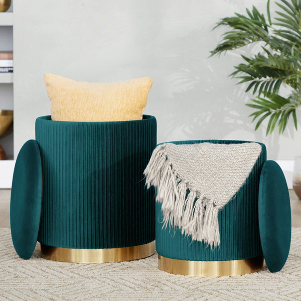 English Elm Nesting Pleated Velvet Ottoman Pair with Polished Gold Base Glam Living Room Accent B202P471499