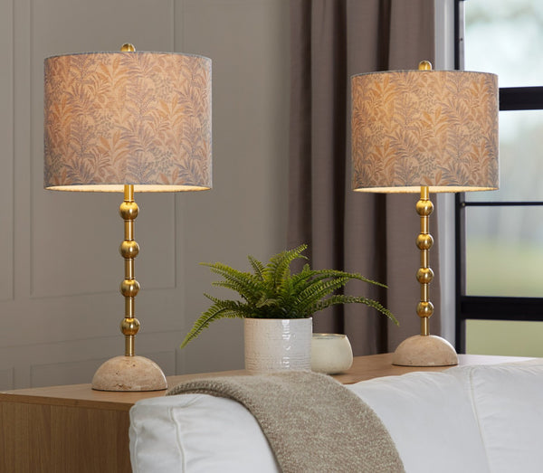 English Elm Table Lamp Set of 2 Travertine Stone Base with Brass Hardware and Warm Fabric Shade Gold,Tan B202P471583