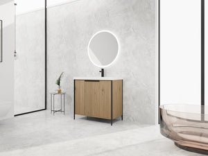 English Elm 36" Freestanding Bathroom Vanity with Resin Sink, Soft-Close Doors, Adjustable Shelf & Metal Handles Light Coffee W999S00296