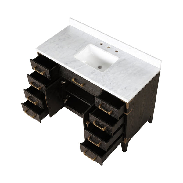 English Elm Brown Oak Single Bathroom Vanity With Carrara Marble Top – Elegant Storage & Soft-Close Features B2731P259801
