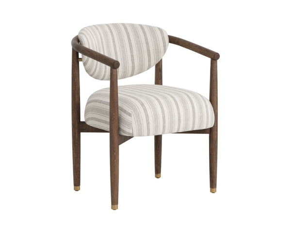 Sunpan SIGRID Dining Armchair - Antique Brown Gifford Script Fabric, Elegant Dark Oak Frame & Steel Accents 112630