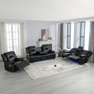 English Elm Home Theater Recliner Set with LED Accent Lighting, Dual Cup Holders, Gel Leather Comfort Seating Black SG001470AAB