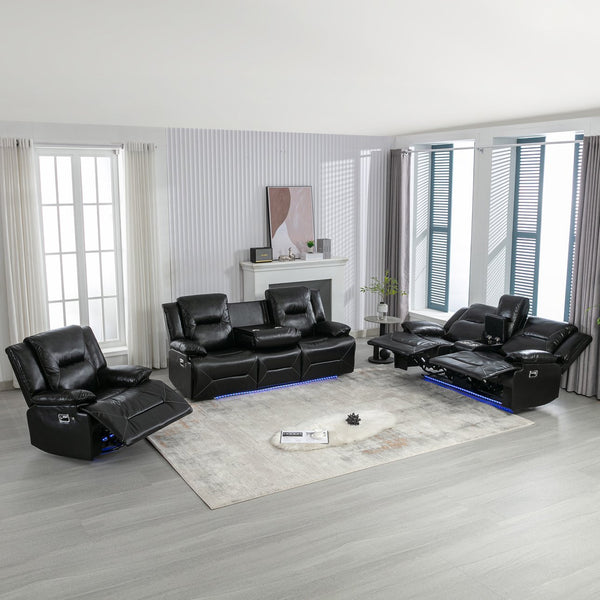 English Elm Home Theater Recliner Set with LED Accent Lighting, Dual Cup Holders, Gel Leather Comfort Seating Black SG001470AAB