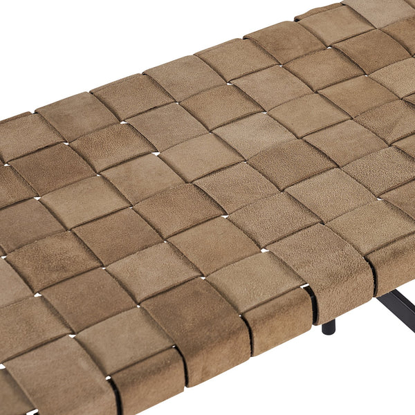 Sunpan Omari Bench - Elegant Handwoven Light Tan Leather Seat with Black Iron Base for Unique Style