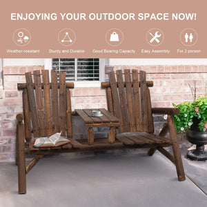 English Elm Outsunny 2-Seat Adirondack Loveseat With Table - Durable Carbonized Wood For Cozy Outdoor Relaxation W2225P174103-GIGA