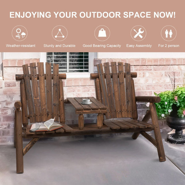 English Elm Outsunny 2-Seat Adirondack Loveseat With Table - Durable Carbonized Wood For Cozy Outdoor Relaxation W2225P174103-GIGA