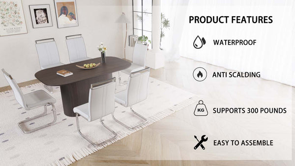 English Elm 63" Mid-Century Modern Brown Mdf Dining Table & 6 Pu Armless Chairs Set For Stylish Dining Spaces W2189S00677