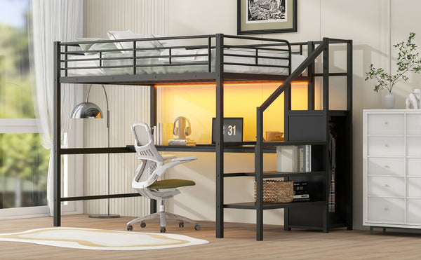 English Elm Full Size Metal Loft Bed With Desk, Storage Staircase, Wardrobe & Led Light - Space-Saving Design GX000620AAD