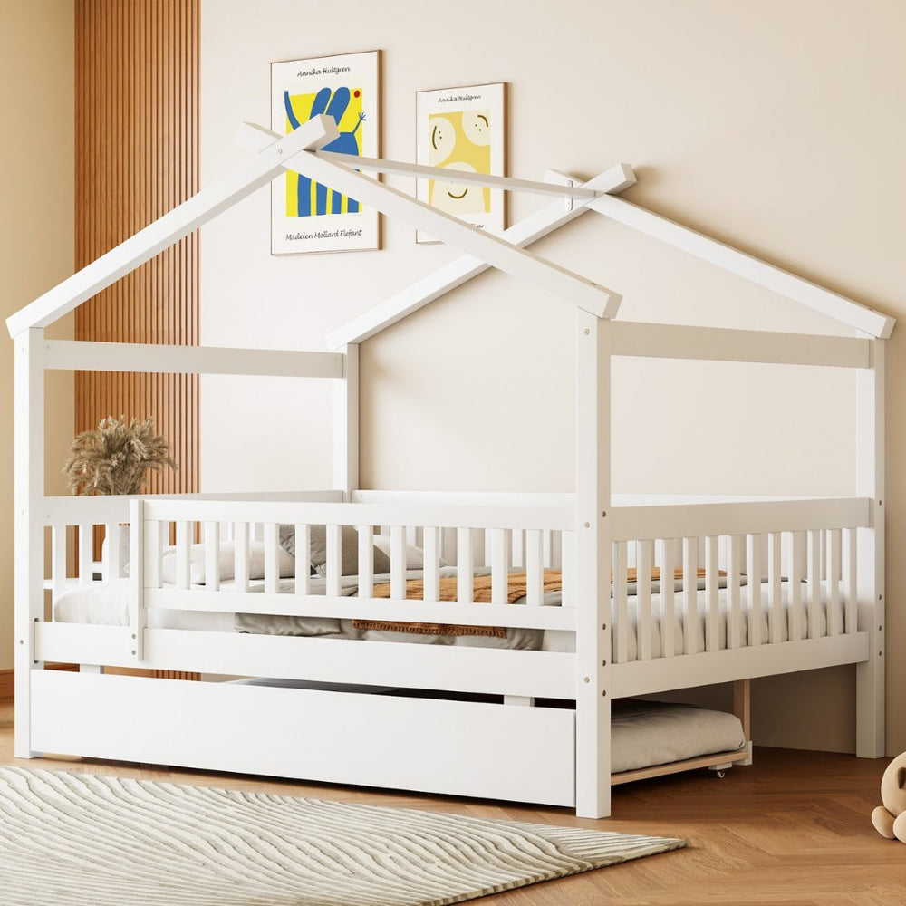 English Elm Full Size Pine House Bed with Roofline Frame and Roll Out Twin Trundle for Kids LP100306AAK