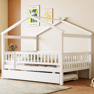 English Elm Full Size Pine House Bed with Roofline Frame and Roll Out Twin Trundle for Kids LP100306AAK