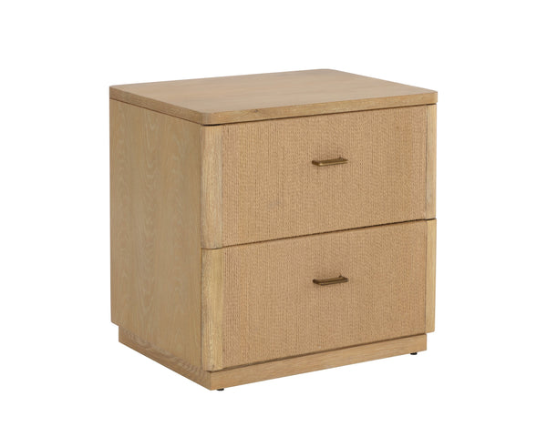 Sunpan Etienne Nightstand: Elegant Linear Design with Antique Brass Handles & Unique Wood Character Elements Rustic Oak