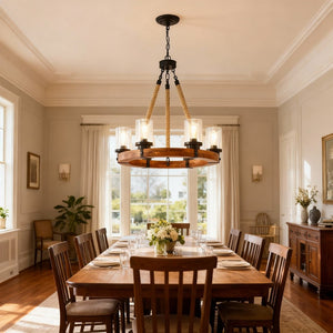 English Elm 23.62 Inch Wagon Wheel Chandelier Wood Metal Frame Seeded Glass Farmhouse Dining W5008P390657