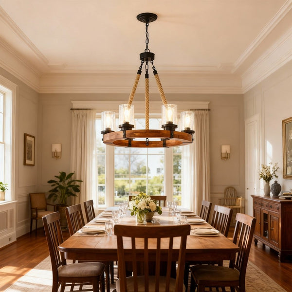 English Elm 23.62 Inch Wagon Wheel Chandelier Wood Metal Frame Seeded Glass Farmhouse Dining W5008P390657