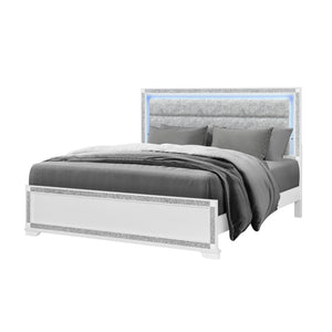 English Elm Soulmarie Solid Wood King Bed with Padded Headboard, LED Lights, Glitter Detail & Curved Legs White 84.84 L x 7.87 W x 4.72 H B201S00453