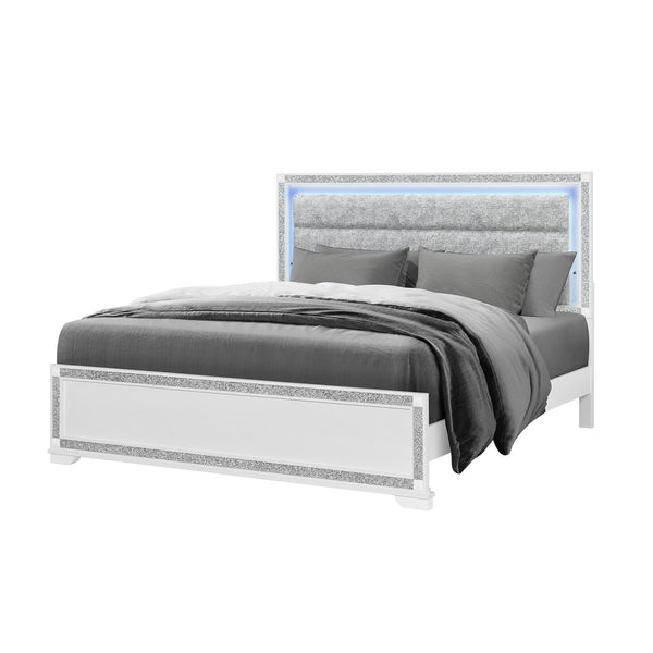 English Elm Soulmarie Solid Wood King Bed with Padded Headboard, LED Lights, Glitter Detail & Curved Legs White 84.84 L x 7.87 W x 4.72 H B201S00453