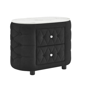English Elm 1pc Black Velvet Nightstand with White Faux Marble Top, Button Tufted Oval Design, 2 Drawers, Crystal Pulls B2741P318961