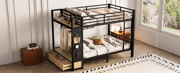 English Elm Full Metal Bunk Bed For Teens - Space-Saving Full Over Full Design With Storage Shelves & Drawers, Black W1580S00234