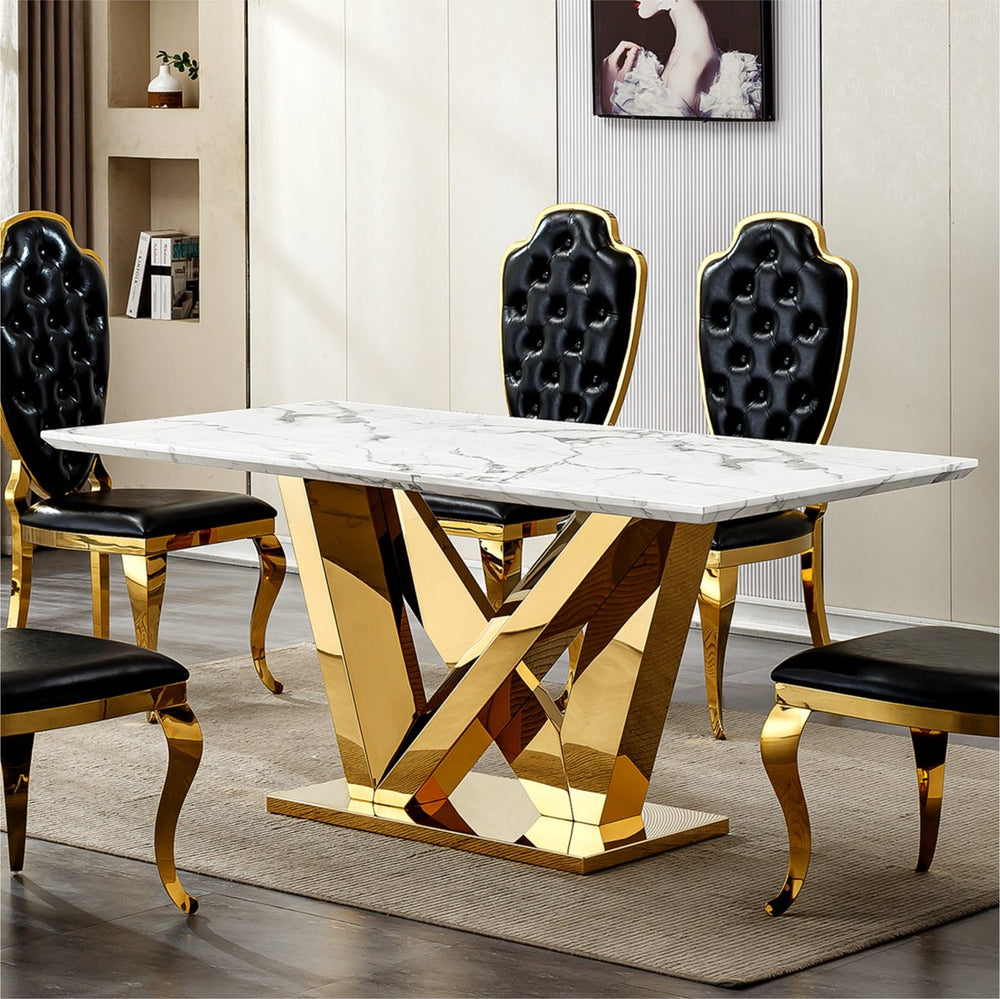 English Elm Marble Dining Table For 6 – Luxe Faux Marble Kitchen Table With Gold Mirrored Base, Modern Design W3456S00044