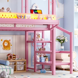 English Elm Twin Metal Loft Bed with Built-in Wardrobe Storage Stairs Led Lights and Usb Ports W5316S00046