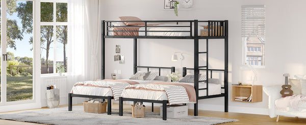 English Elm Twin Metal Triple Bunk Bed With Built-In Shelving, Space-Saving Design For Kids & Guests, Black Finish W1580S00118-GIGA