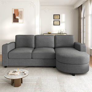 English Elm Modern L-Shaped Sectional Sofa With Curved Chaise, Usb Ports & Storage, Soft Chenille, Grey Finish N719S002170E