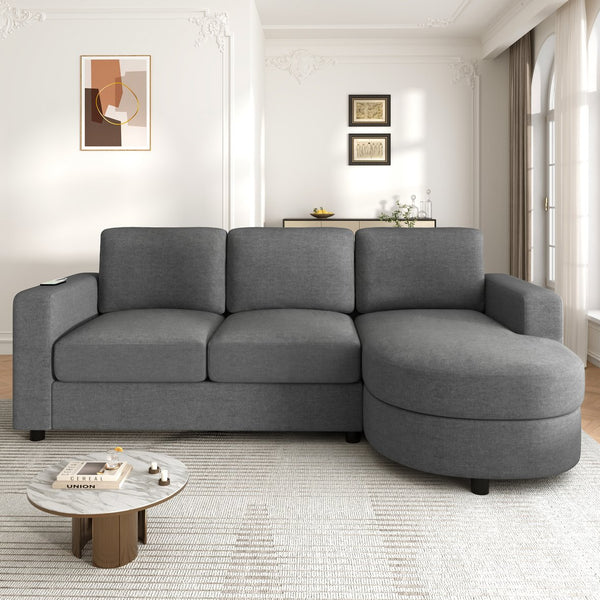 English Elm Modern L-Shaped Sectional Sofa With Curved Chaise, Usb Ports & Storage, Soft Chenille, Grey Finish N719S002170E