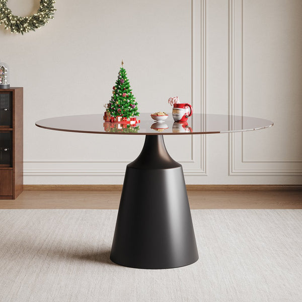 English Elm 35 35 Inch Round Dining Table Mid-Century Modern Black Tempered Glass Pedestal for Cozy Spaces W2700S00078