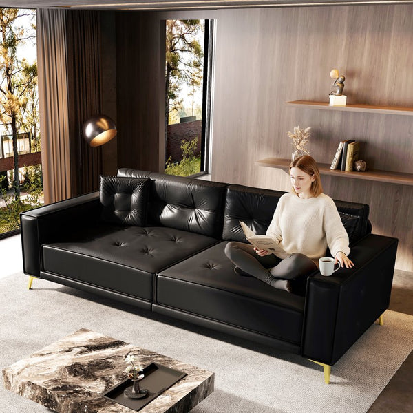 English Elm 92.1"King 3-in-1 Convertible Sleeper Sofa Bed with Tufted Faux Leather, Ultra-Wide Arms, 4-Seater Couch Black W1885S00208