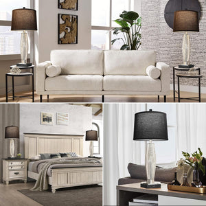 English Elm Table Rustic Farmhouse Bedside Lamps Set of 2 with Nightlight, 4-Way Rotary Switch, Linen Shade LED Black W3355P391317