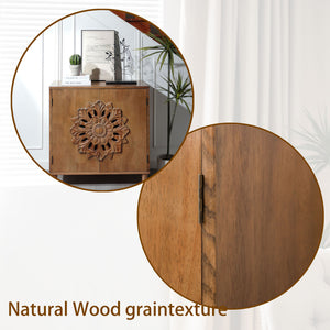 English Elm Rustic Hand-Carved 2-Door Wooden Cabinet with Floral Motif, Boho Farmhouse Sideboard for Entryway W2729P239174
