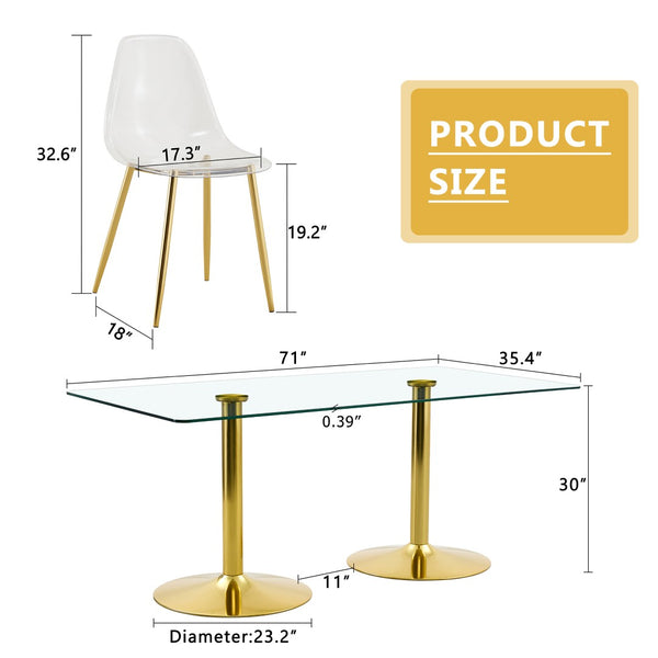 English Elm Table and Chair Set Tempered Glass Top with Gold Leg Ghost Seats for Dining Room W1151S04559