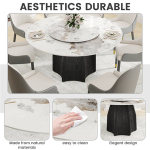 English Elm 59.05" Round Marble Dining Table With Lazy Susan, Black Oak Base, Seats 6-8, Elegant & Durable Design W1535S00460