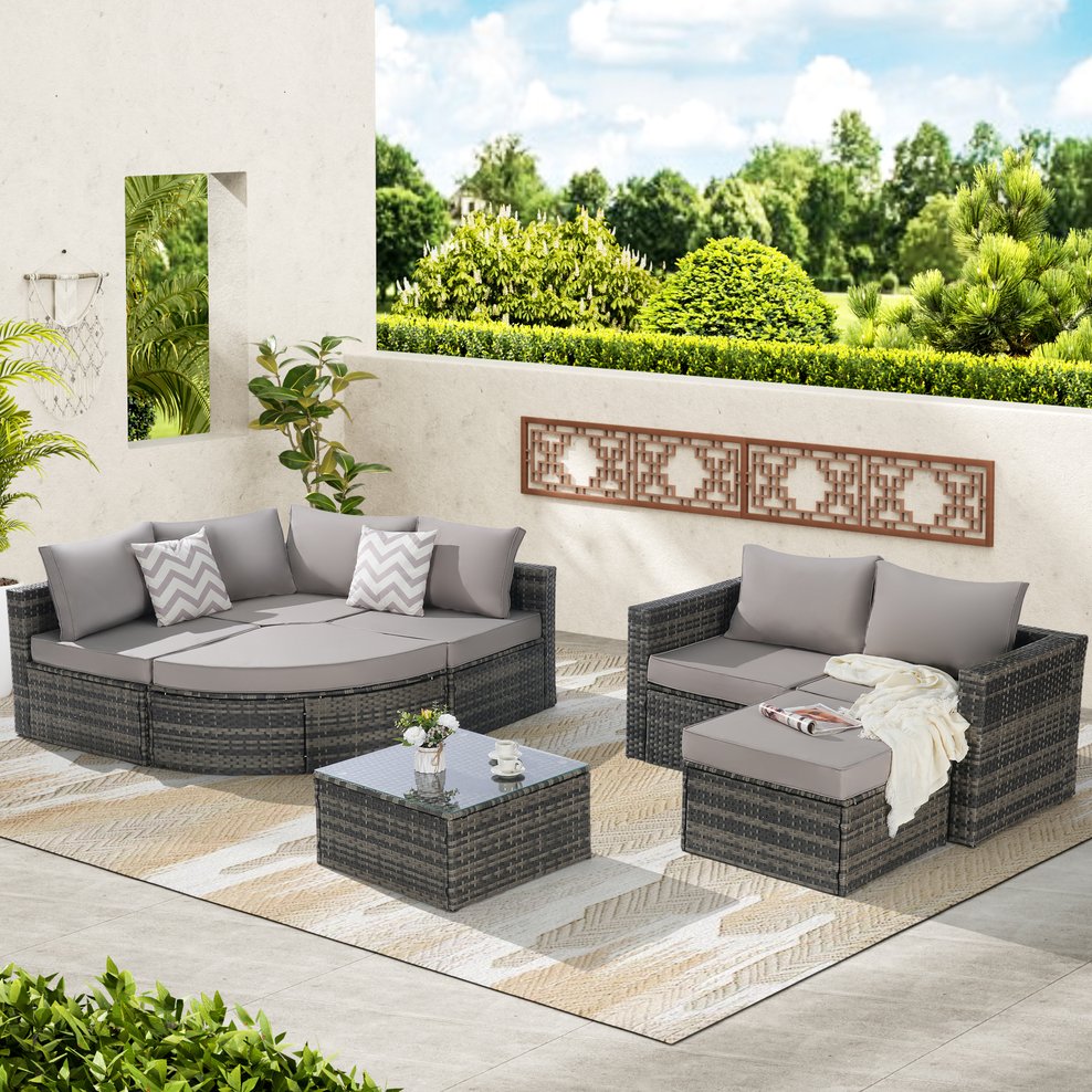 English Elm 8 Piece Outdoor Wicker Sectional Sofa Set - Gray Rattan Curved 3-Seater, Ottomans, Glass Table, Weatherproof Durable Comfort W874S00039