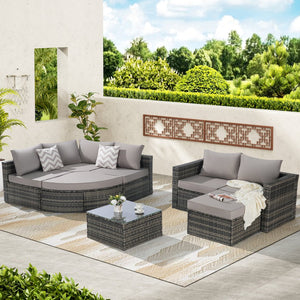 English Elm 8 Piece Outdoor Wicker Sectional Sofa Set - Gray Rattan Curved 3-Seater, Ottomans, Glass Table, Weatherproof Durable Comfort W874S00039