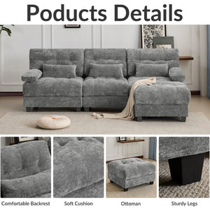 English Elm Ottoman and Chenille Sofa Set with Adjustable Backrest for Relaxed Living Room Comfort Gray W2606P359228
