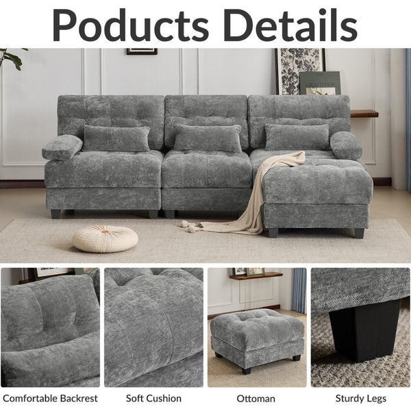 English Elm Ottoman and Chenille Sofa Set with Adjustable Backrest for Relaxed Living Room Comfort Gray W2606P359228