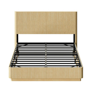 English Elm Queen Bed Frame with Led Lighting Curved Groove Panels and Floating Base Modern Bedroom Oak W1820S00050