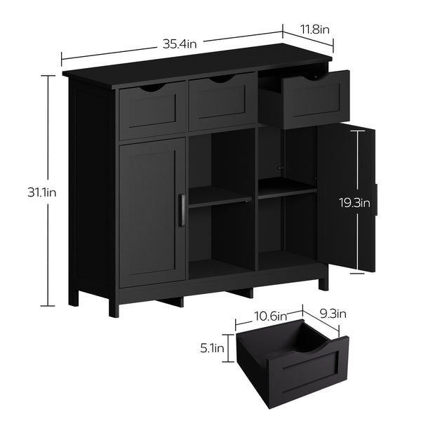 English Elm Storage Wooden Floor Cabinet with Drawers & Adjustable Shelves for Living Room Bedroom Bathroom Decor Black W2386P192272