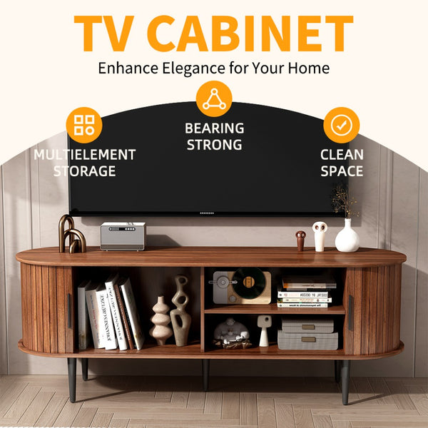 English Elm Tv Stand, 55" Walnut Mid-Century Modern Console With Storage, Sliding Door & Stylish Design For Home W2641P329198-GIGA