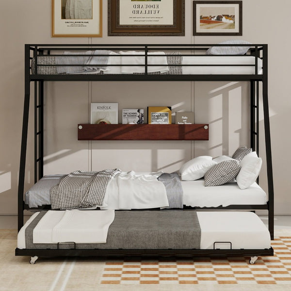 English Elm High Strength Iron Bunk Bed with Rolling Trundle Minimalist Queen Frame for Three W1935P360876