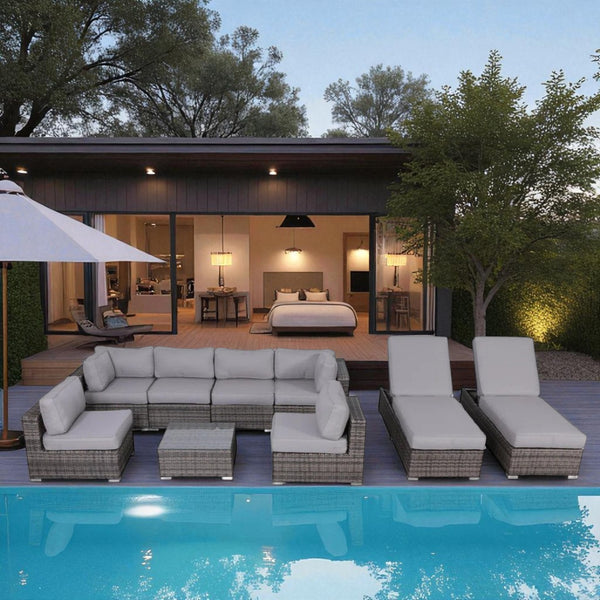 English Elm Fully Assembled 9-Piece Rattan Wicker Patio Seating Set With Cushions For 8 – Ultimate Comfort! B120S00274