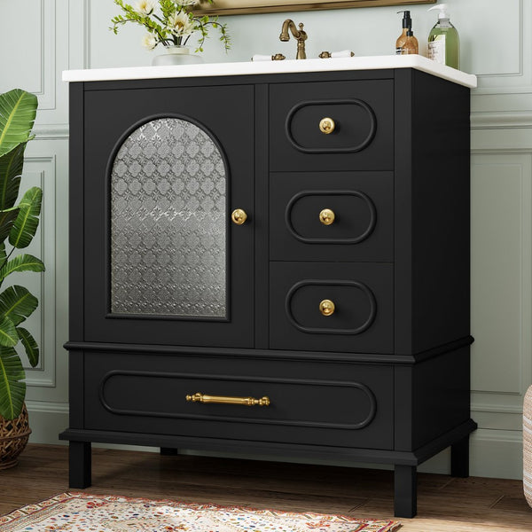 English Elm 30" Freestanding Bathroom Vanity Solid Wood Cabinet Ceramic Basin 3 Drawer Storage Black W1580P382511