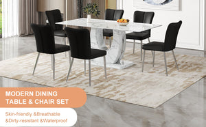 English Elm Table and Chair Set Modern Marble Glass Top Dining with Six Pu Leather Seats W1151S02125