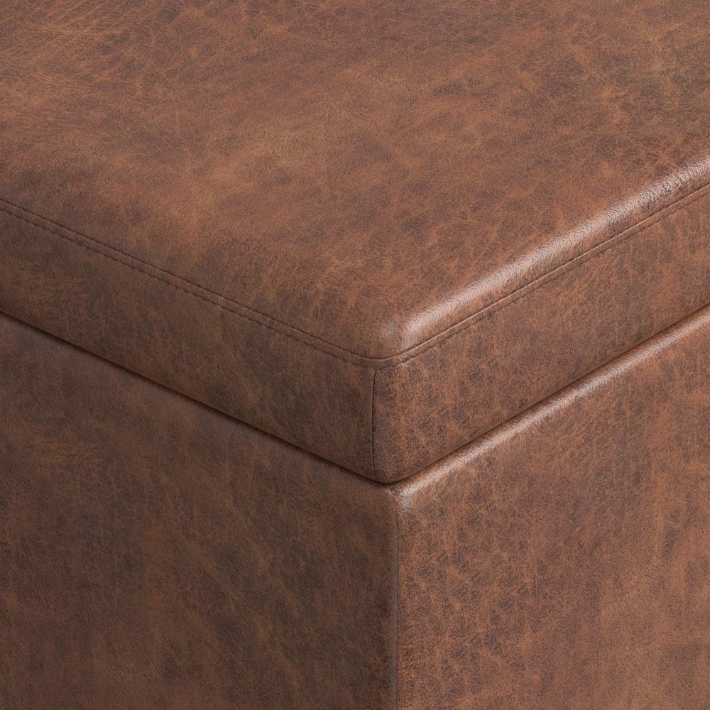 English Elm Lincoln Extra Large Storage Ottoman Bench with Distressed Saddle Brown Vegan Leather, 54" Wide, Stitched Design, Child-Safe Hinge B2732P253623